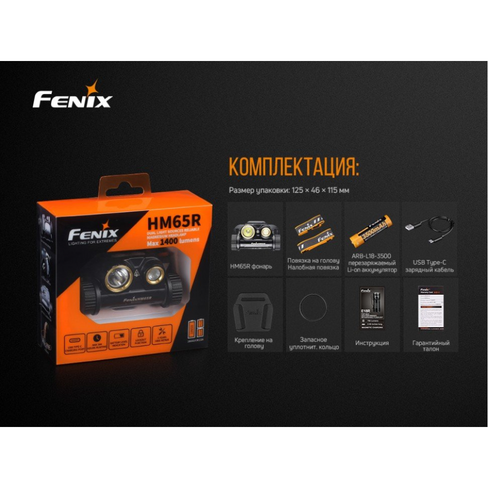 Ліхтар налобний Fenix HM65R + Ліхтар універсальний Fenix E-LITE