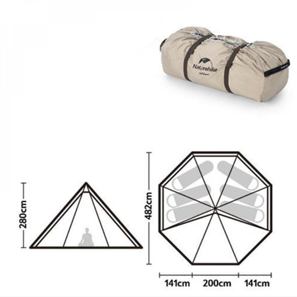 Тент-намет для кемпінгу Naturehike Ranch Pyramid NH20ZP014, 150D, 482*482*280 см, золотий (з п“ятьма стійками)